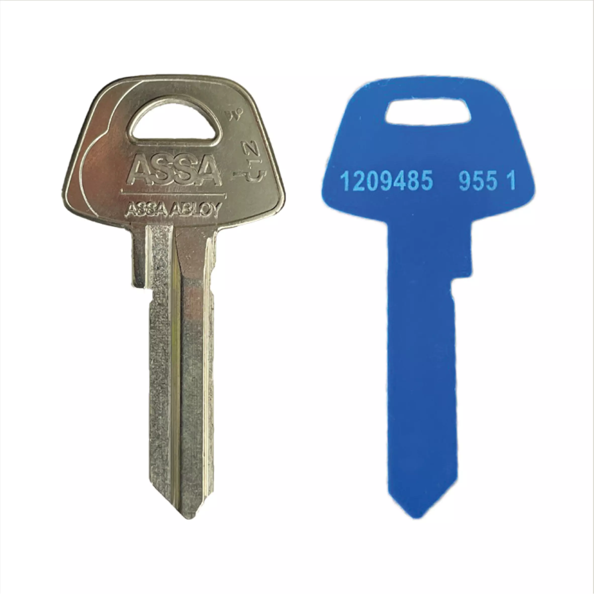 Assa D12 nyckel och blå plastkodbricka
